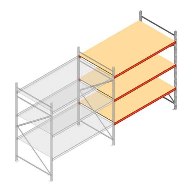 Grootvakstelling AR 2500x2250x1200 mm (hxbxd) 3 niveaus verzinkt aanbouwsectie met voorgemonteerde frames