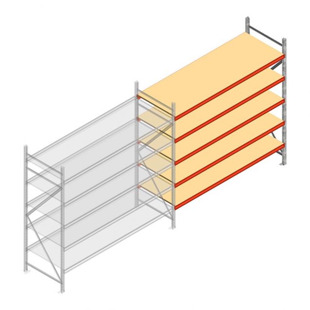 Grootvakstelling AR 2500x2700x900 mm (hxbxd) 5 niveaus verzinkt aanbouwsectie met voorgemonteerde frames