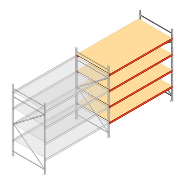 Grootvakstelling AR 2500x2700x1200 mm (hxbxd) 4 niveaus verzinkt aanbouwsectie met voorgemonteerde frames
