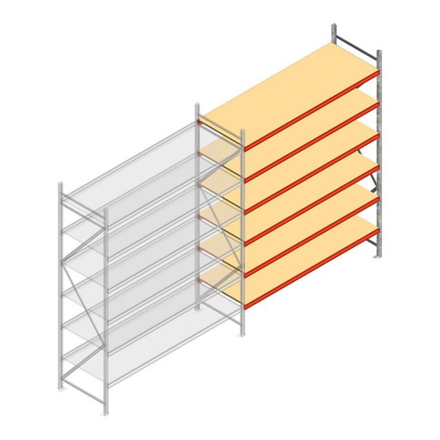 Grootvakstelling AR 3000x2700x800 mm (hxbxd) 6 niveaus verzinkt aanbouwsectie met voorgemonteerde frames