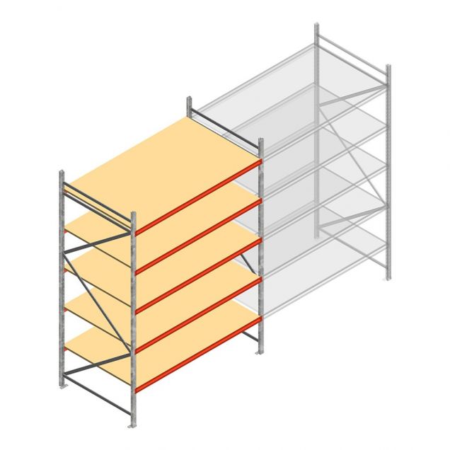 Grootvakstelling AR 3000x2010x1200 mm (hxbxd) 5 niveaus verzinkt beginsectie met voorgemonteerde frames