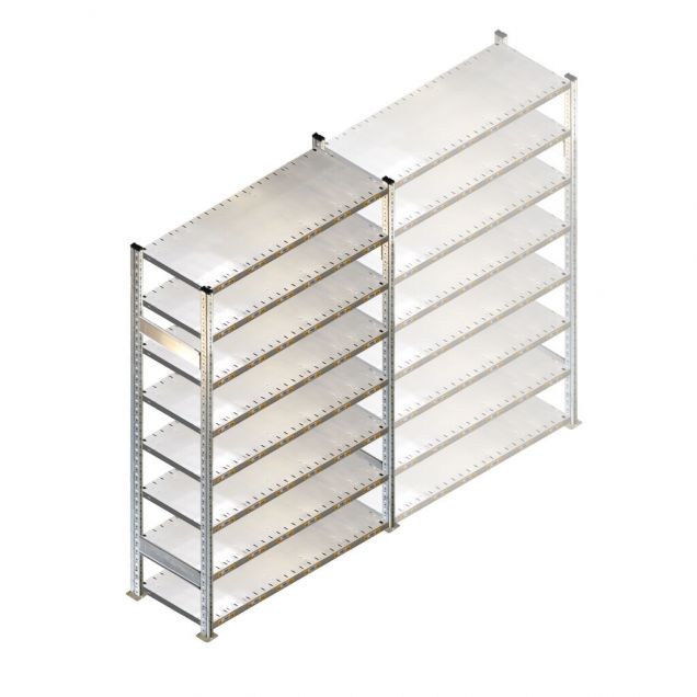 Gebruikte Schaefer R3000 legbordstelling 2970x1280x600mm (hxbxd) 8 niveaus beginsectie