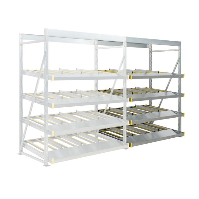 Flowrack doorrolstelling 2304x1840x1230mm 4 niveaus schuin aanbouwsectie
