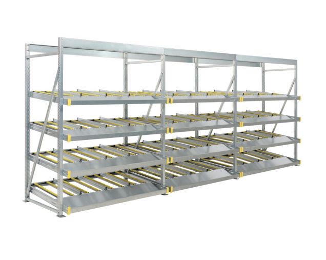 Flowrack doorrolstelling 2304x5570x1230mm 4 niveaus schuin voordeelrij