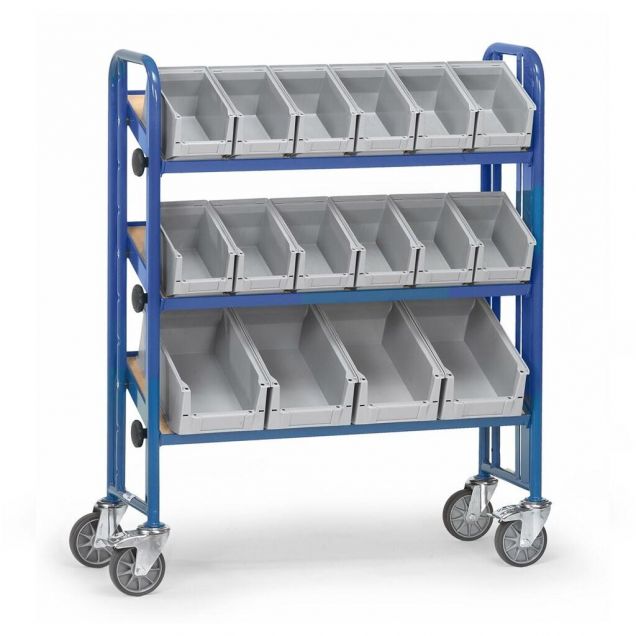 Bakkenwagen 250 kg met 3 etages en 16 magazijnbakken