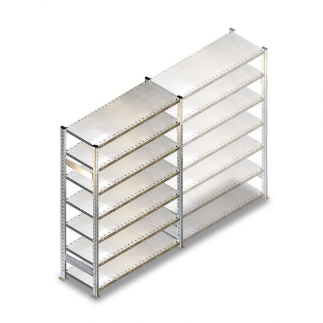 Gebruikte Schaefer R3000 legbordstelling 2300x1280x600mm (hxbxd) 7 niveaus beginsectie