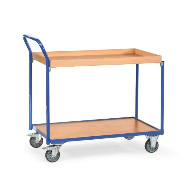 Lichte tafelwagen 300 kg met 1 houten etage, 1 etagebak en opstaande duwbeugel 1000x600