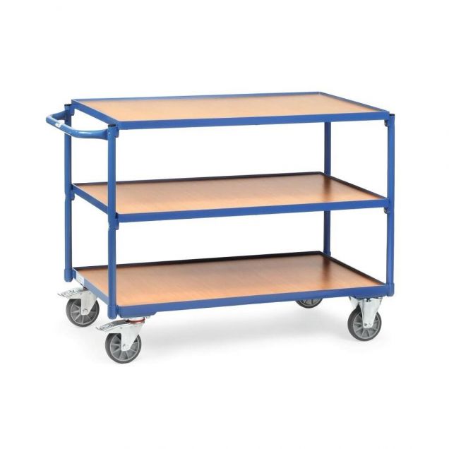 Lichte tafelwagen 300 kg met 3 houten etages en horizontale duwbeugel 1000x600