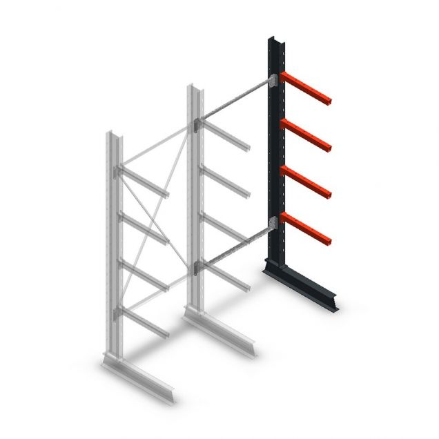 Medium draagarmstelling enkelzijdig 2500x1000x600 mm (hxbxd) 4 niveaus aanbouwsectie