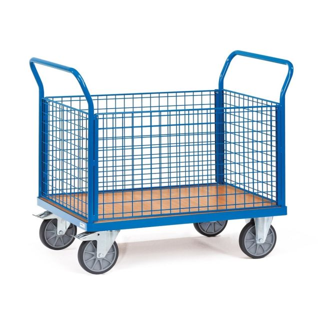 Plateauwagen, transportwagen 500 kg met 4 gaaswanden 850x500