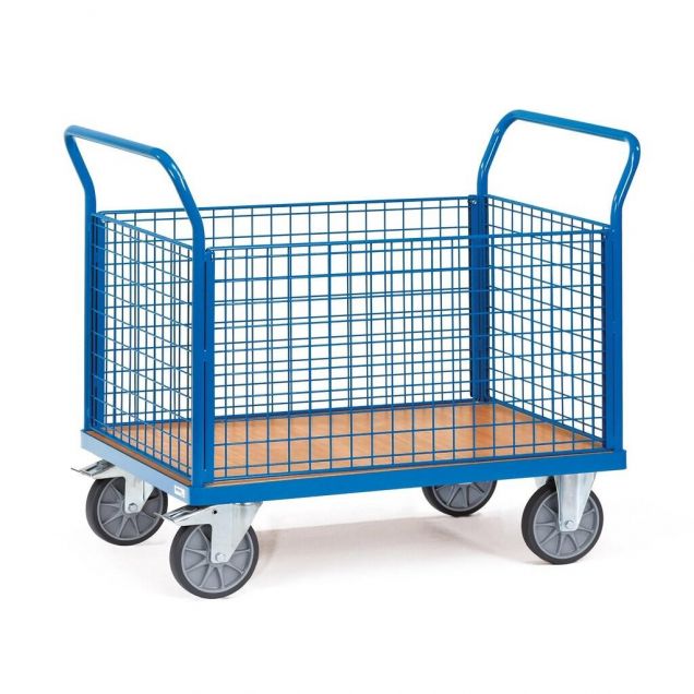 Plateauwagen, transportwagen 600 kg met 4 gaaswanden 1000x700