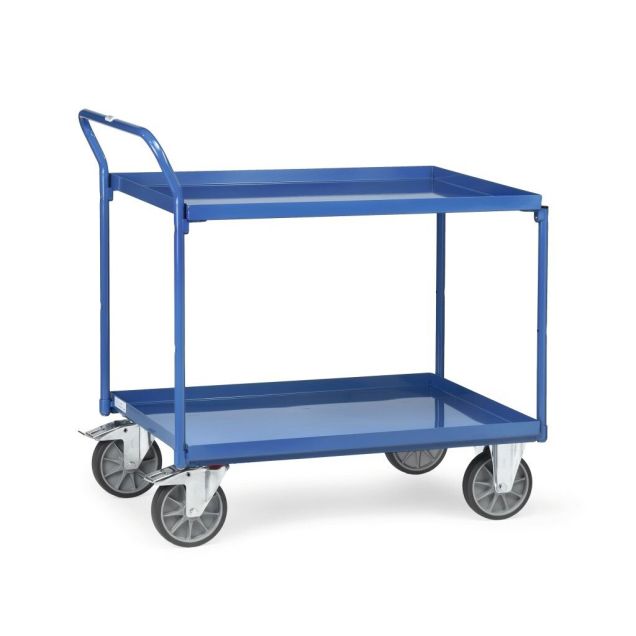 Stalen tafelwagen 400 kg met 2 stalen etages en opstaande duwbeugel 1000x700