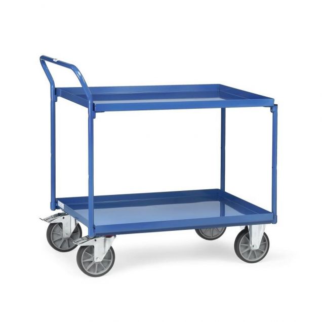 Stalen tafelwagen 400 kg met 2 stalen etages en opstaande duwbeugel 850x500