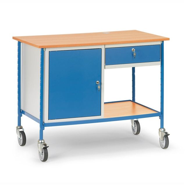 Verrijdbare tafel 150 kg 1120x650 met afsluitbare stalen kast en uittrekbare schuiflade