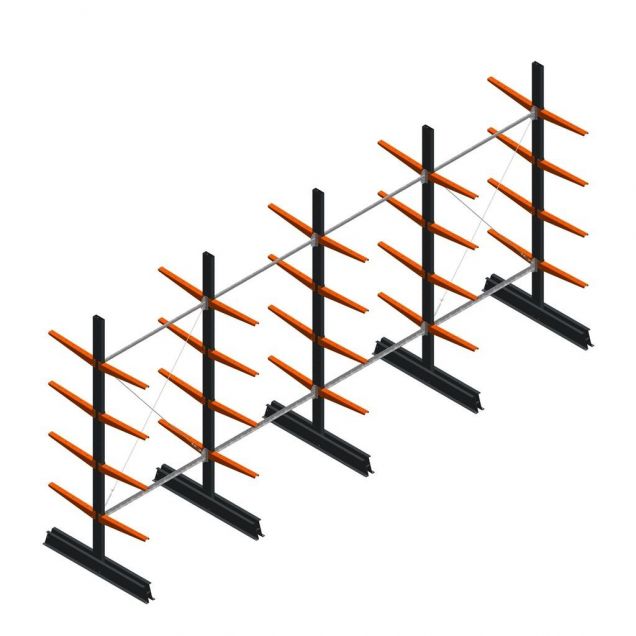 Voordeelrij lichte draagarmstelling dubbelzijdig 2500x5100x500 mm (hxbxd) 4 niveaus