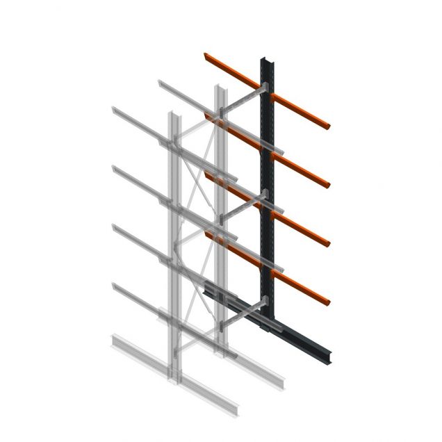 Zware draagarmstelling dubbelzijdig 5000x1000x1200mm (hxbxd) 4 niveaus aanbouwsectie