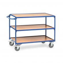 Lichte tafelwagen 300 kg met 3 houten etages en horizontale duwbeugel 1000x600
