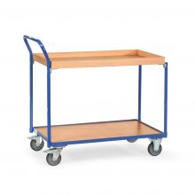 Lichte tafelwagen 300 kg met 1 houten etage, 1 etagebak en opstaande duwbeugel 1000x600