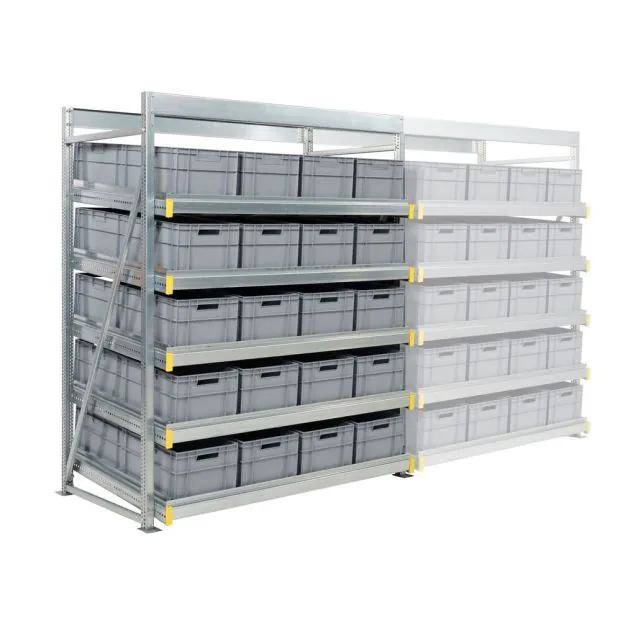 Flowrack bakken-doorrolstelling 2304x1890x1230mm (hxbxd) 5 niveaus recht incl. 40 euronormbakken beginsectie