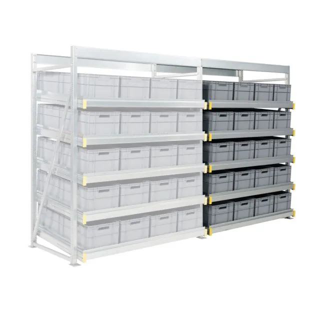 Flowrack bakken-doorrolstelling 2304x1840x1230mm (hxbxd) 5 niveaus recht incl. 40 euronormbakken aanbouwsectie