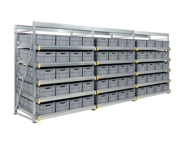Flowrack bakken-doorrolstelling 2304x5570x1230mm (hxbxd) 5 niveaus recht incl. 120 euronormbakken voordeelrij
