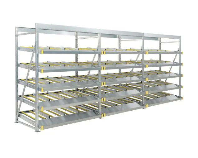Flowrack doorrolstelling 2304x5570x1230mm 5 niveaus schuin voordeelrij