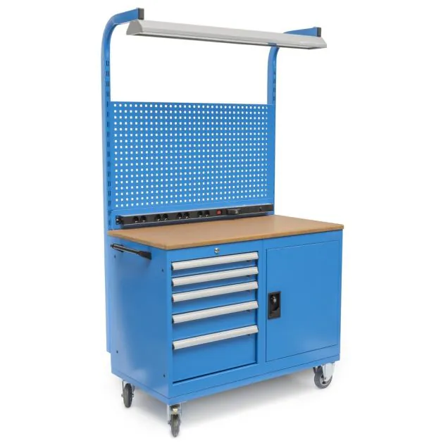 Mobiele werkbank met gereedschapswand 5 laden en kast incl verlichting blauw 1970x1120x570 (hxbxd)
