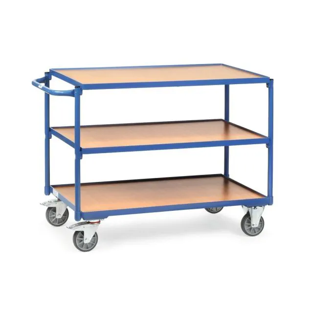 Lichte tafelwagen 300 kg met 3 houten etages en horizontale duwbeugel 1000x600