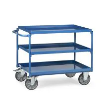 Stalen tafelwagen 400 kg met 3 stalen etages en horizontale duwbeugel 850x500