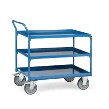 Stalen tafelwagen 400 kg met 3 stalen etages en opstaande duwbeugel 1000x700
