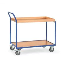 Lichte tafelwagen 300 kg met 1 houten etage, 1 etagebak en opstaande duwbeugel 850x500