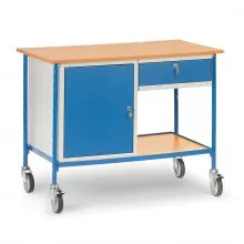 Verrijdbare tafel 150 kg 1120x650 met afsluitbare stalen kast en uittrekbare schuiflade