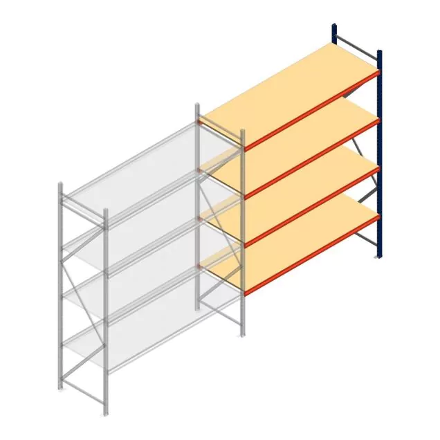 Grootvakstelling AR 3000x2700x800 mm (hxbxd) 4 niveaus blauw aanbouwsectie met voorgemonteerde frames