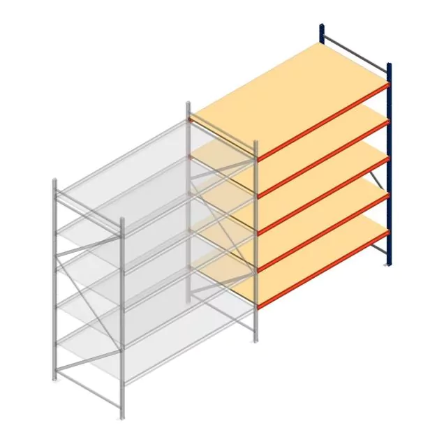 Grootvakstelling AR 3000x2700x1200 mm (hxbxd) 5 niveaus blauw aanbouwsectie met voorgemonteerde frames