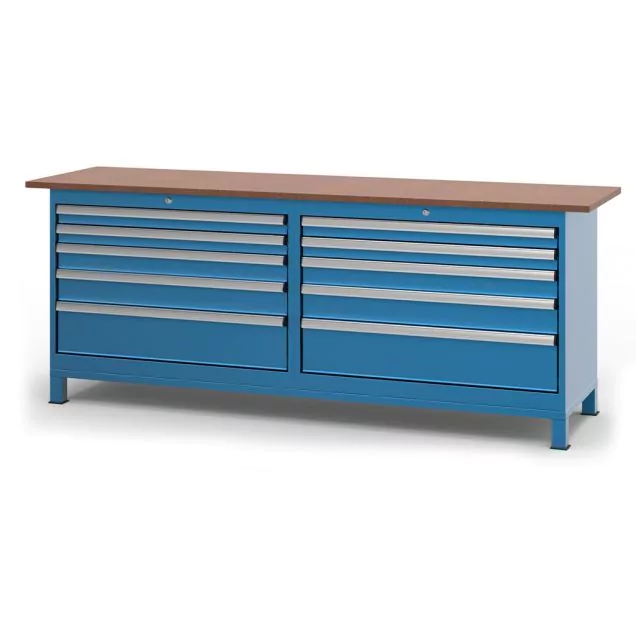 Werkbank met 10 laden 850x2200x600 mm (hxbxd) blauw