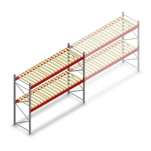 Deels gebruikte AR T2 palletstelling 2000x3600x1100mm (hxbxd) 2 niveaus beginsectie met vlonders