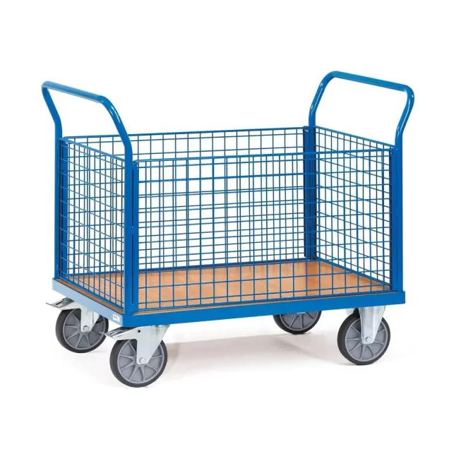 Plateauwagen, transportwagen 600 kg met 4 gaaswanden 1000x600