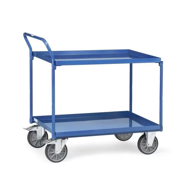 Stalen tafelwagen 400 kg met 2 stalen etages en opstaande duwbeugel 850x500