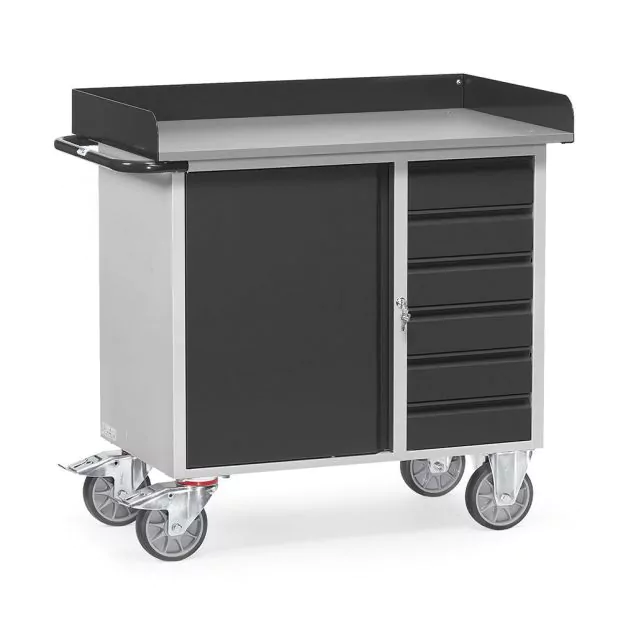 Werkplaatswagen van staalplaat 400 kg met 1 kast, 6 schuifladen en opstaande rand 985x590 antraciet